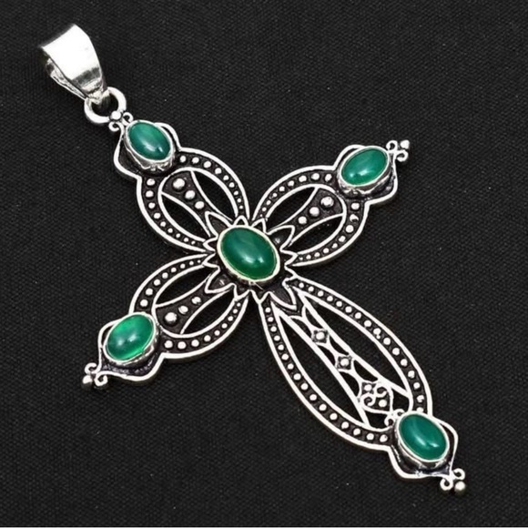 Green Onyx Sterling Silver 2.5” Cross Pendant - Picture 2 of 5